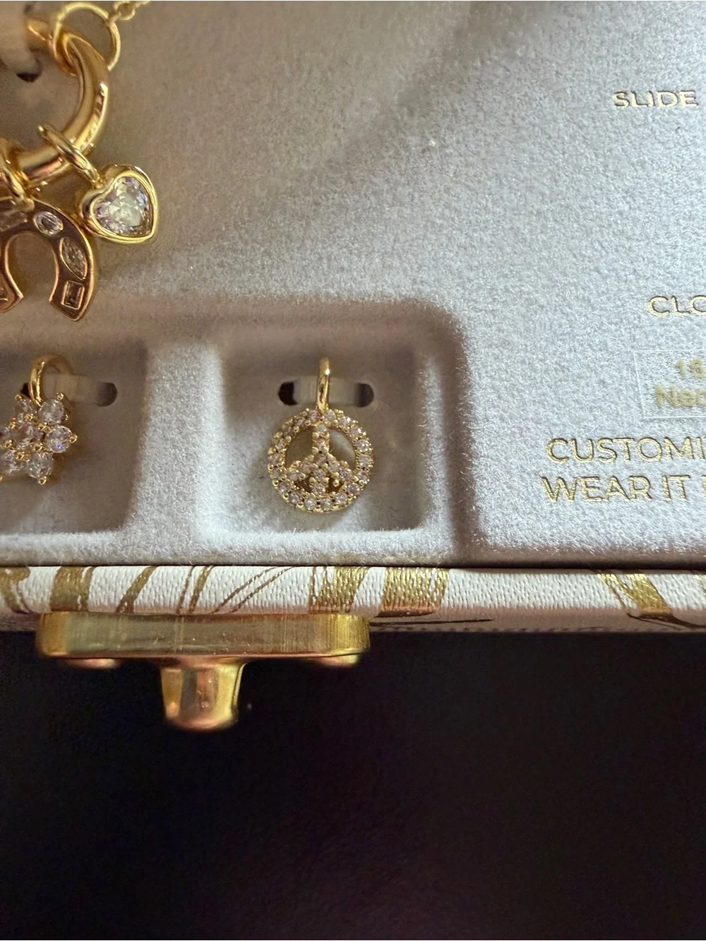 New Charmbar Gold Tone 6 Charm Necklace Link Peace Dragonfly Crystal Luck Charms